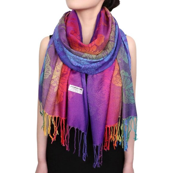 Colorful Flowers Jacquard Cotton Pashmina Women’s Wrap Shawl with Tassels Scarf - Picture 2 of 8